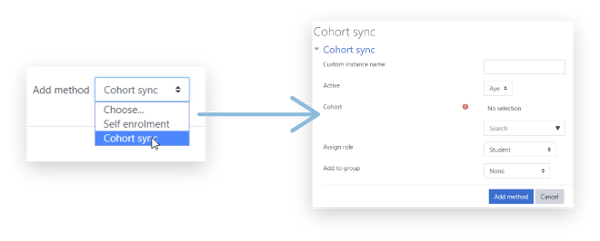 From course administration access enrolment methods and select cohort sync to access the cohort sync dialog