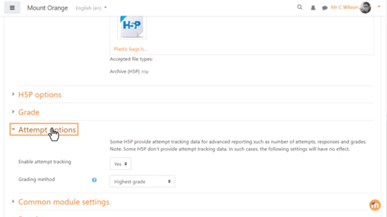 5. Then select your preferred H5P options (e.g. to allow download) and select ‘Attempt tracking’ where available.